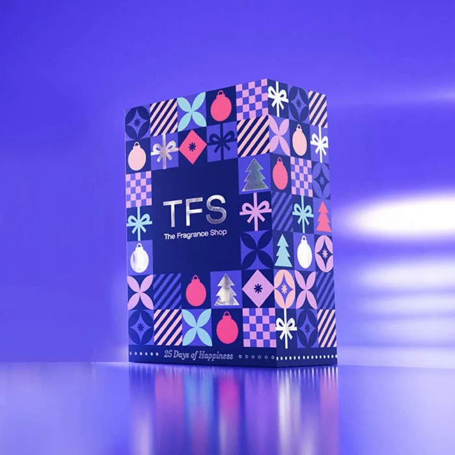 The Fragrance Shop Men's Advent Calendar 2026, a tall blue and pink geometric patterned box