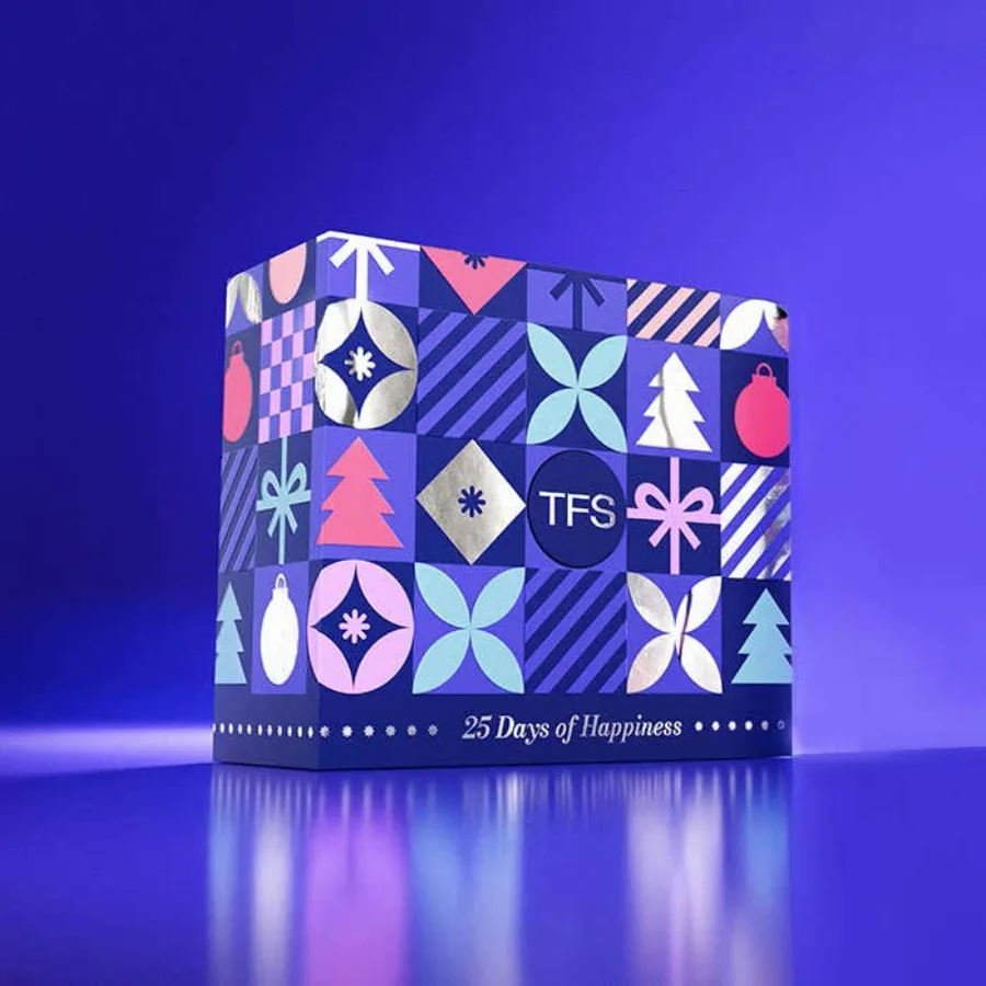The Fragrance Shop Women's Advent Calendar 2026, a blue and pink geometric patterned box reading 25 Days of Happiness