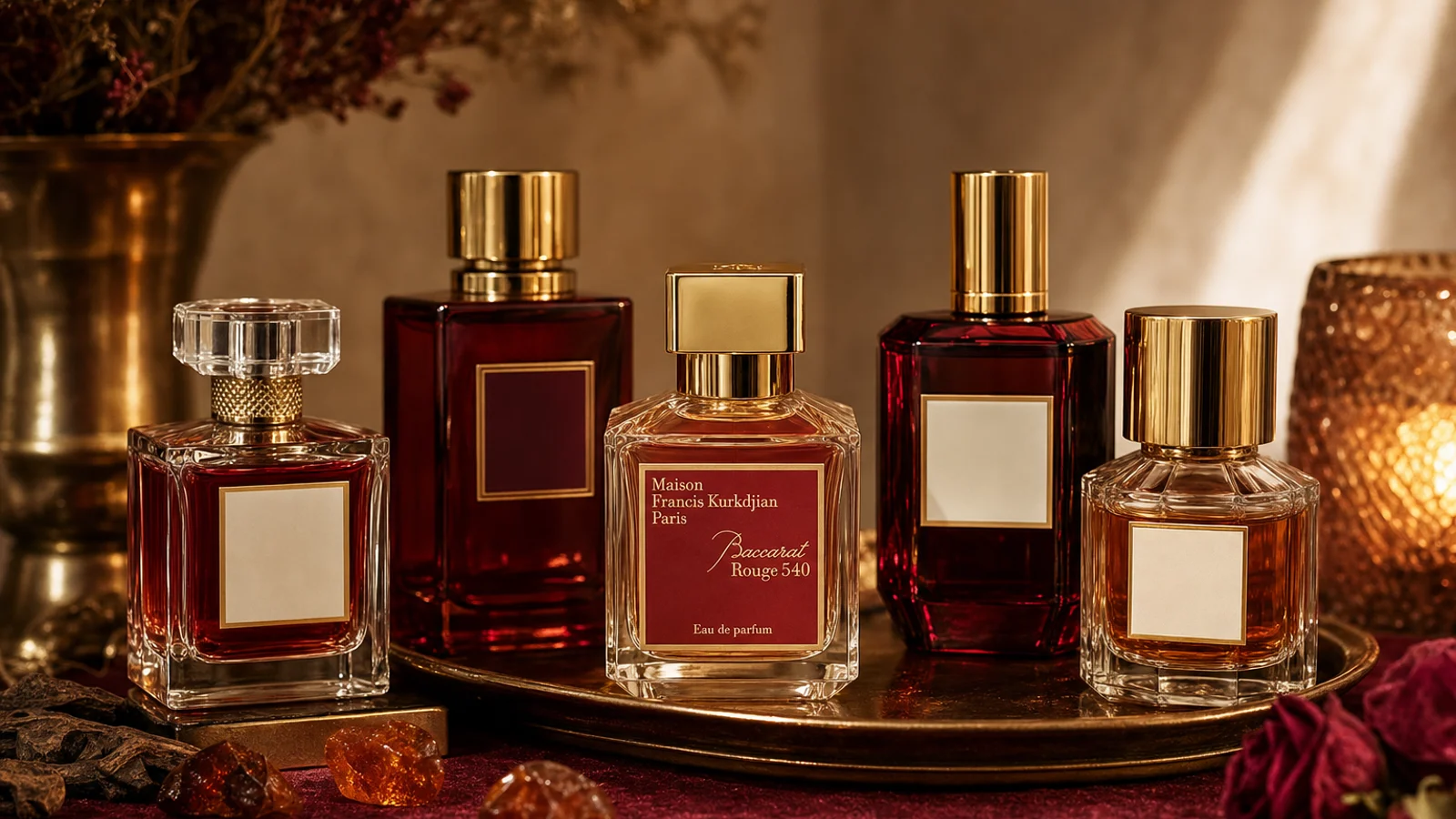 Several elegant perfume bottles arranged on a marble surface with soft, natural lighting highlighting their labels and golden caps