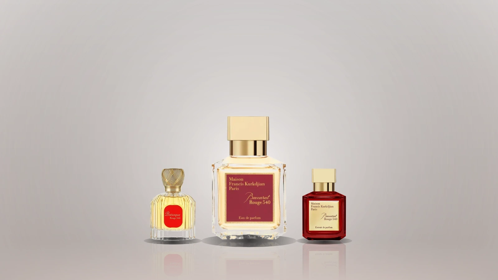 Five elegant perfume bottles with gold caps are arranged on a metallic tray with warm, soft lighting
