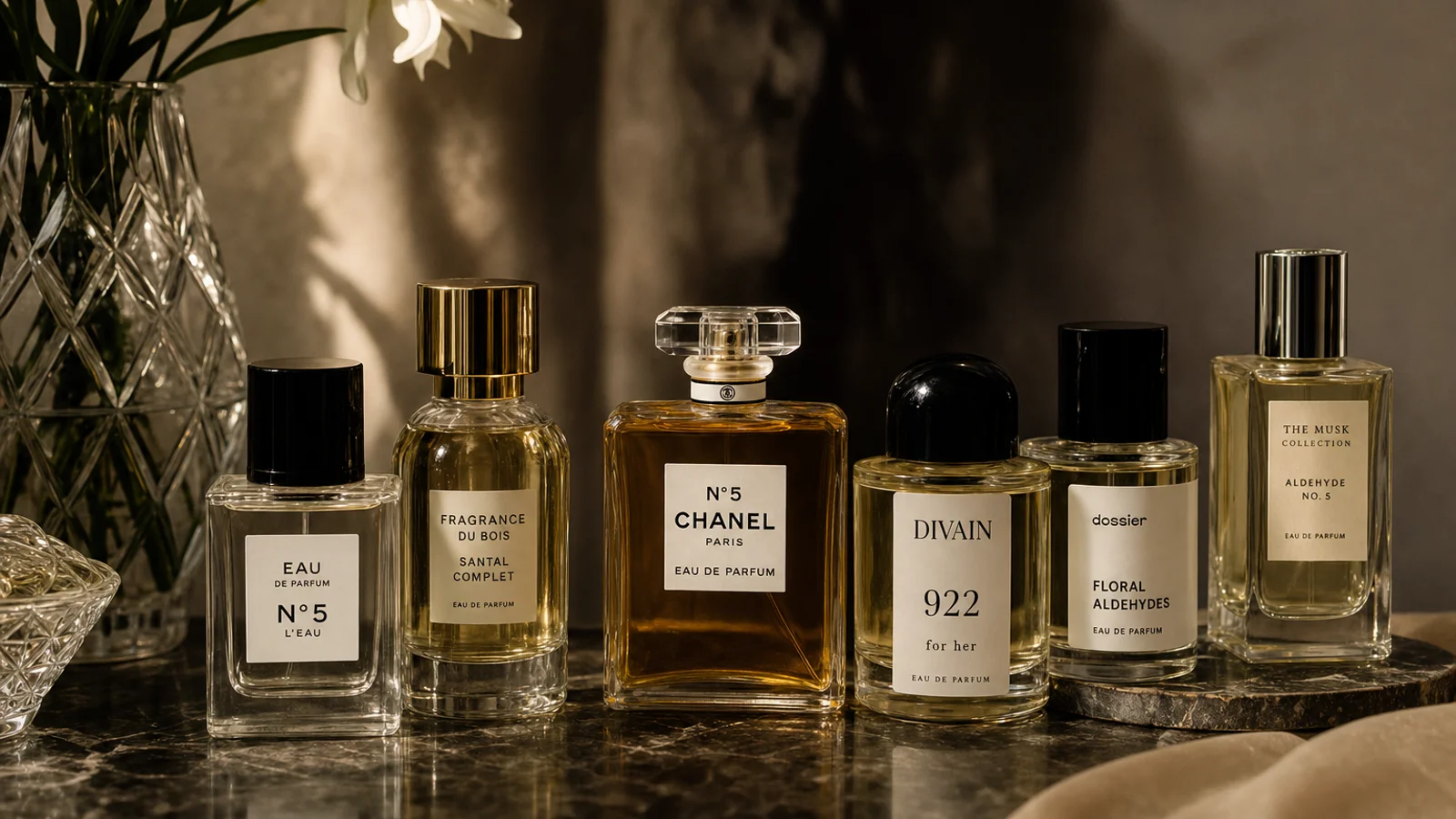 Several elegant perfume bottles arranged on a white surface with soft, diffused lighting highlighting their labels and golden caps