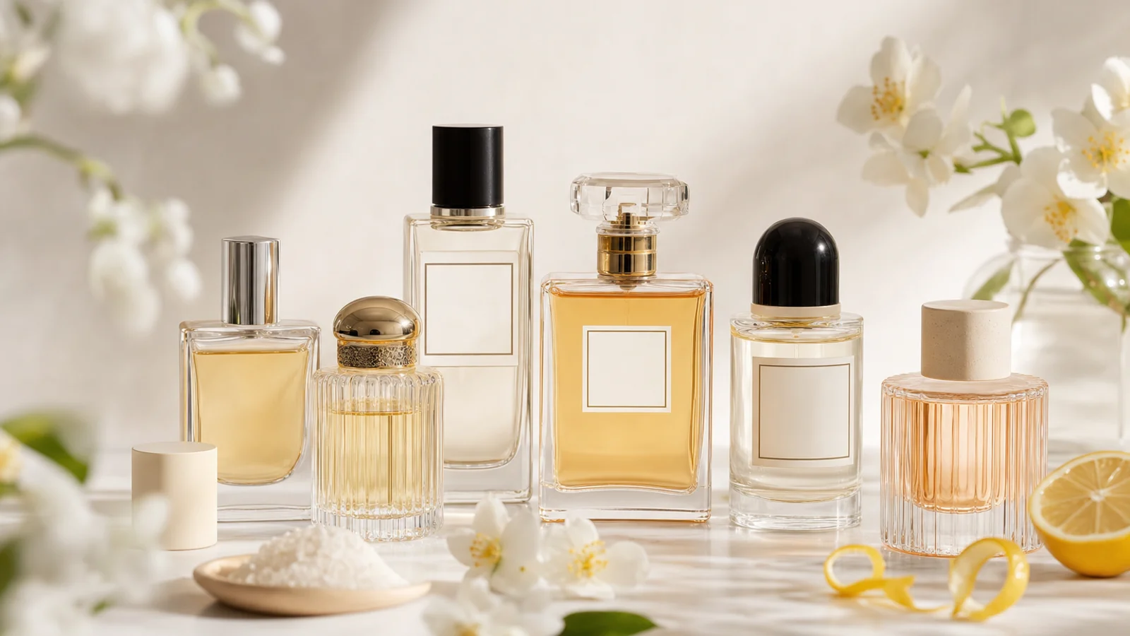 Several elegant perfume bottles arranged on a white surface with soft natural lighting, including a prominent Chanel No.5 bottle among affordable dupe alternatives