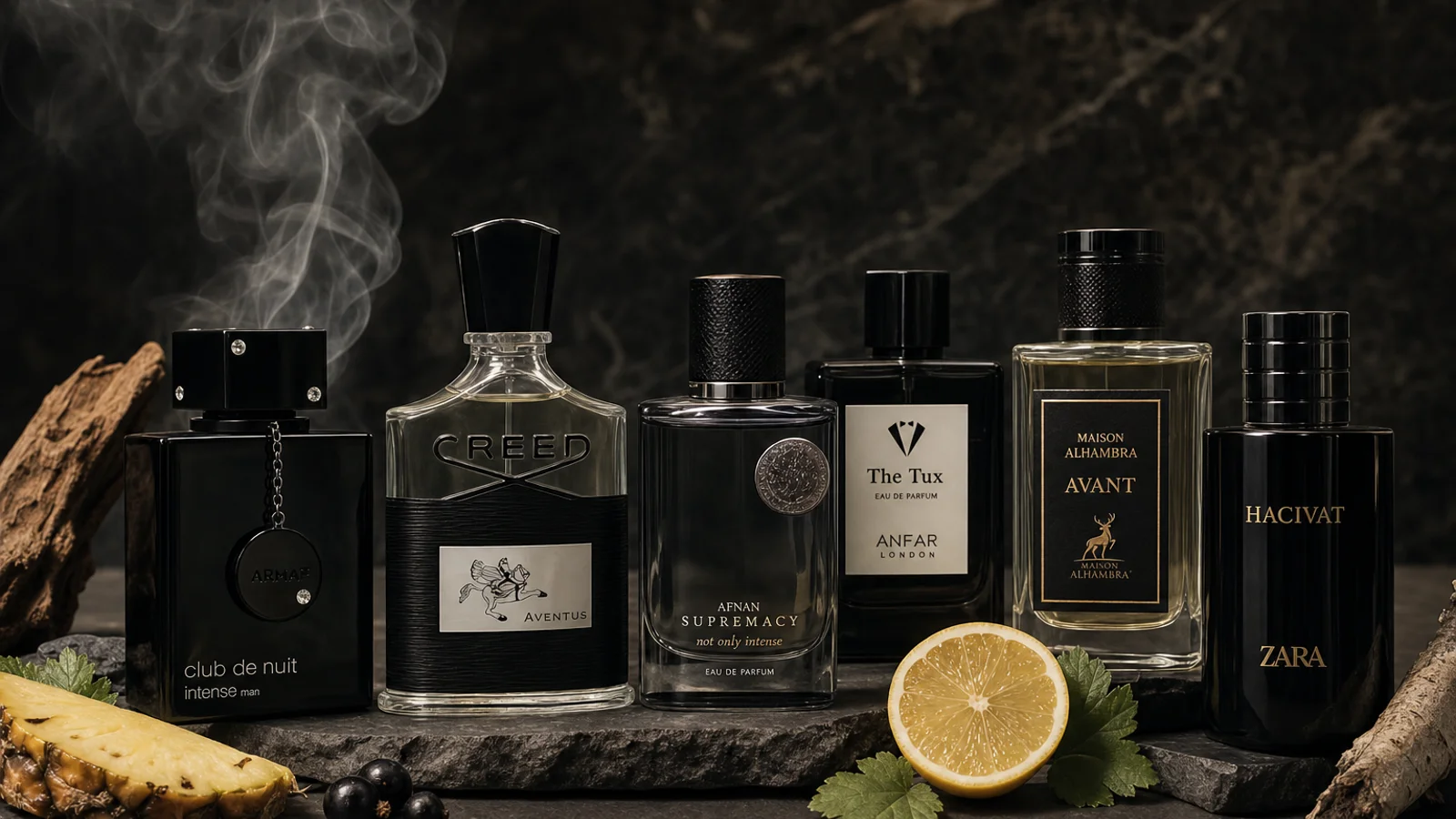Several bottles of men's cologne arranged on a marble surface with soft natural lighting and a Creed Aventus bottle in the center