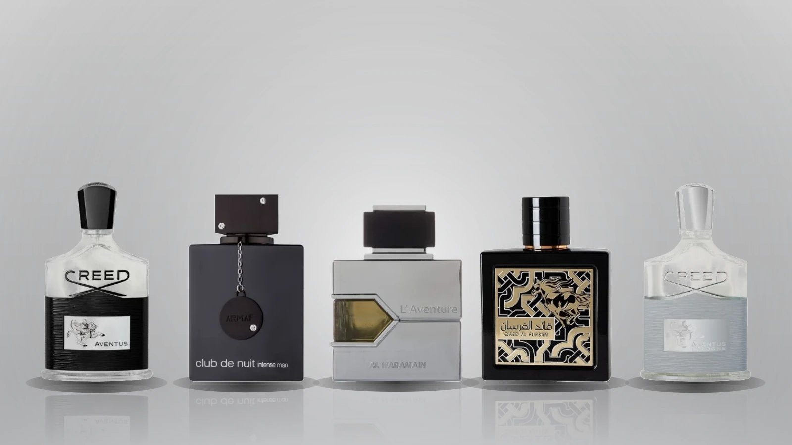 Six bottles of men's cologne are arranged on a dark stone surface with pieces of fruit, wood, and smoke in the background