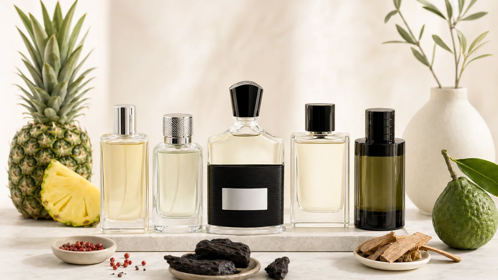 Bottles of Creed Aventus and its top UK dupes arranged together on a neutral surface