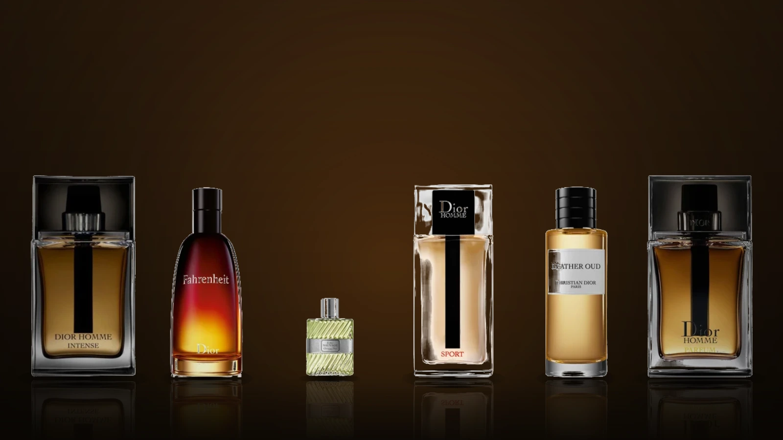 Dior men's fragrance bottles including Sauvage, Sauvage Elixir, Homme Intense, Fahrenheit and Eau Sauvage on a dark surface