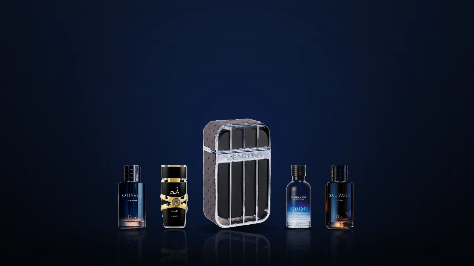 Five different perfume bottles are displayed upright on dark rocks with a moody, mountainous background