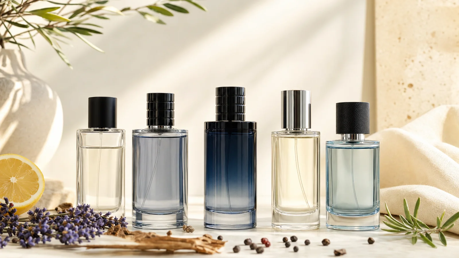 Several bottles of men's cologne arranged neatly on a white surface with soft, even lighting and subtle shadows