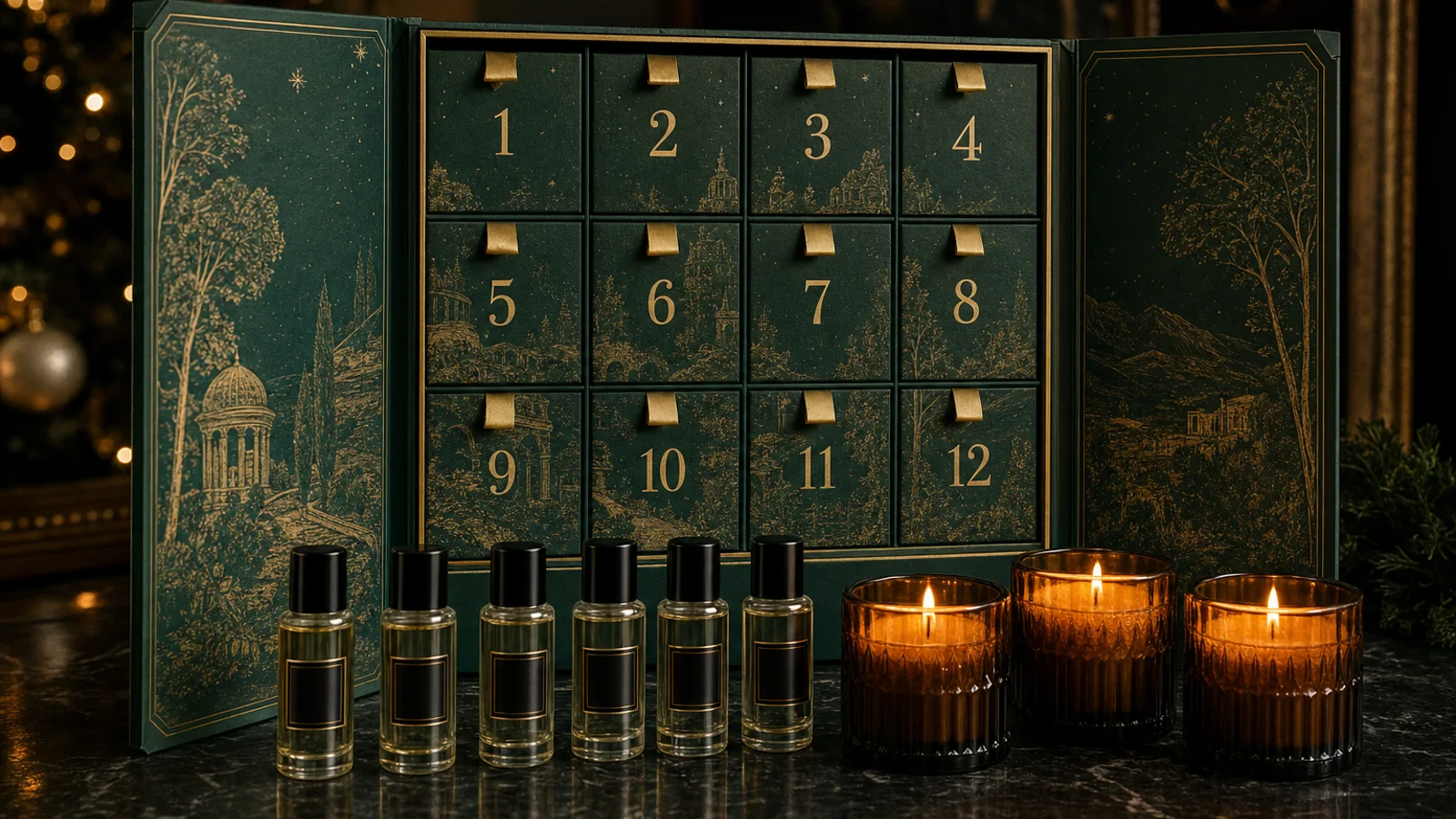 An open twelve-door fragrance advent calendar in green and gold, numbered 1 to 12, with six small perfume bottles and three lit scented candles on dark marble