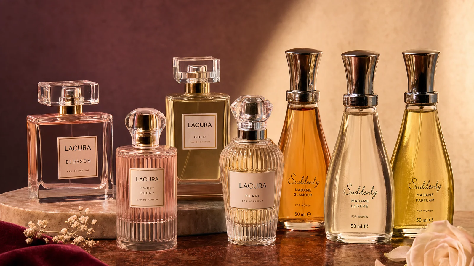 A selection of Lidl Suddenly and Aldi Lacura perfume bottles arranged neatly on a white surface with soft, natural lighting