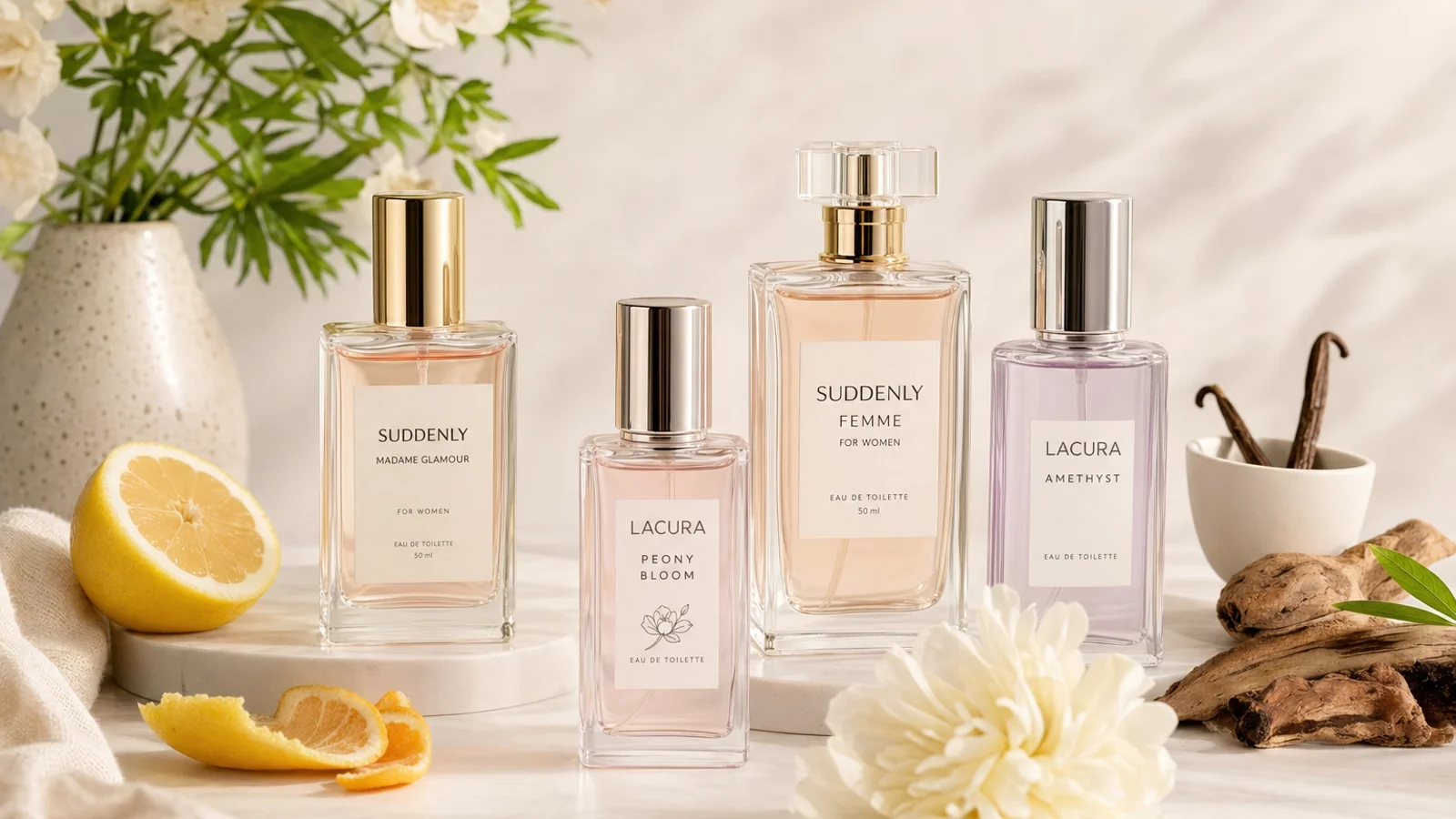 Several Lidl and Aldi perfume bottles arranged neatly on a white surface with soft, natural lighting highlighting their labels