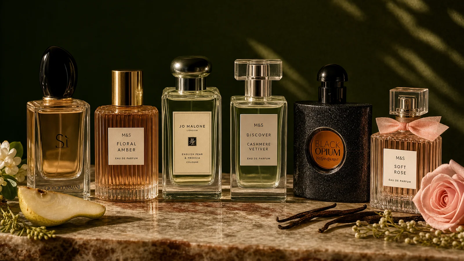 A selection of M&S perfume bottles arranged neatly on a white surface with soft, natural lighting highlighting their labels and packaging