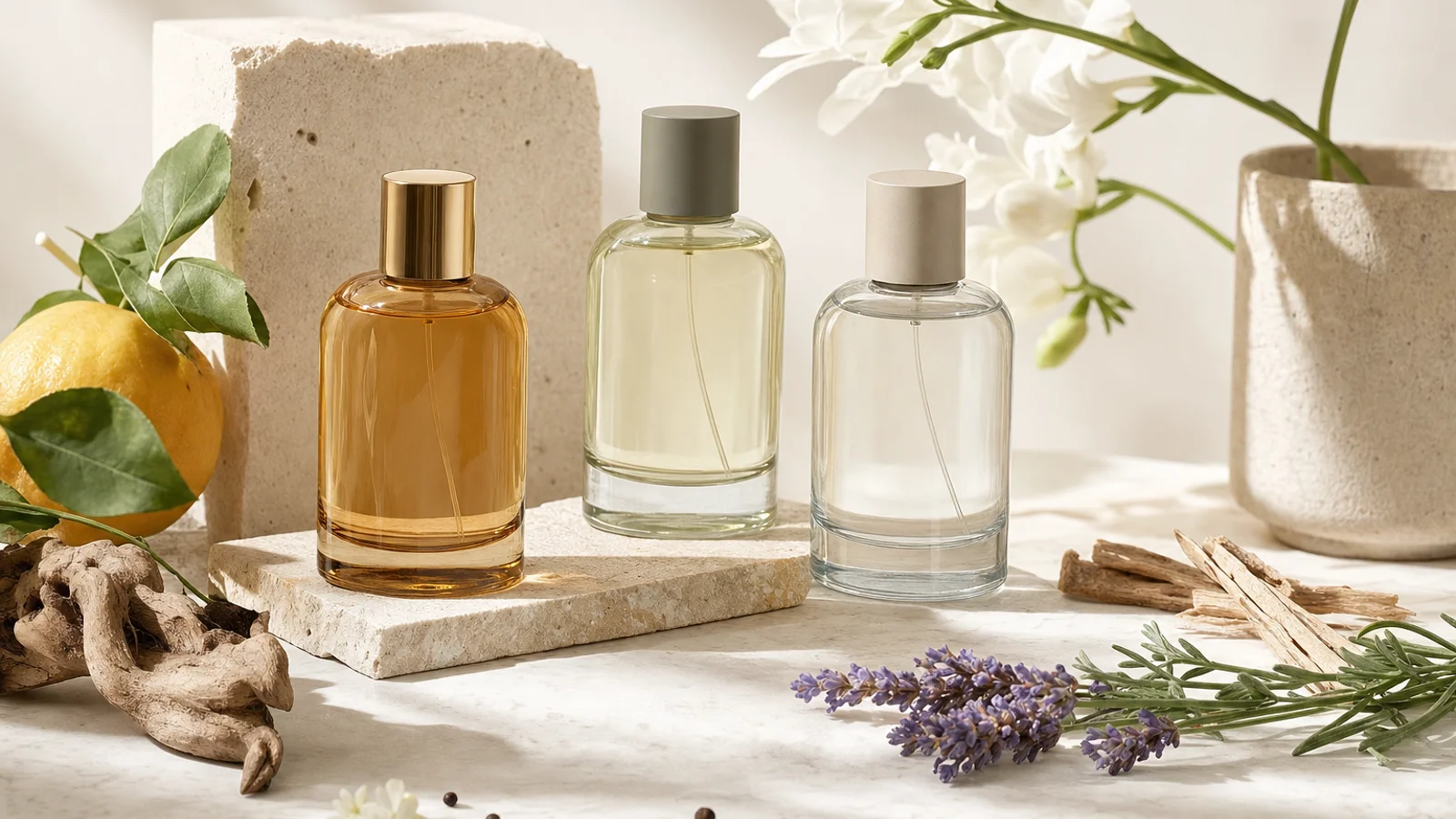Five M&S perfume bottles arranged neatly on a white surface with soft natural lighting highlighting their labels and colored liquids