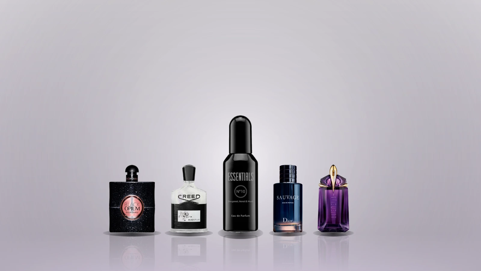 A collection of perfume bottles arranged on dark stone surfaces, featuring both designer and budget brands, with varied shapes and colors under soft lighting