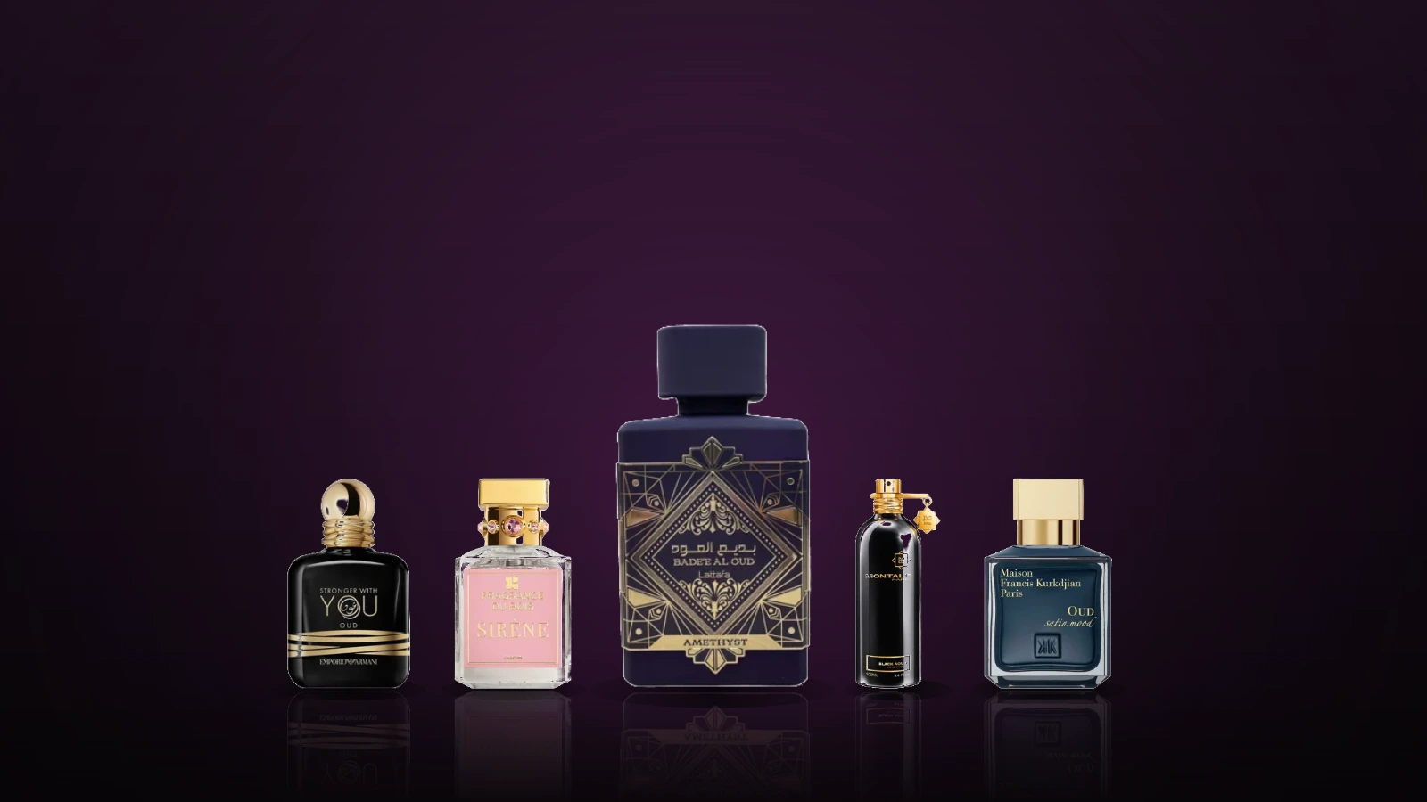 Oud perfume bottles for women and men, including Tom Ford Oud Wood, Lattafa, Maison Francis Kurkdjian, Montale and Dior arranged together
