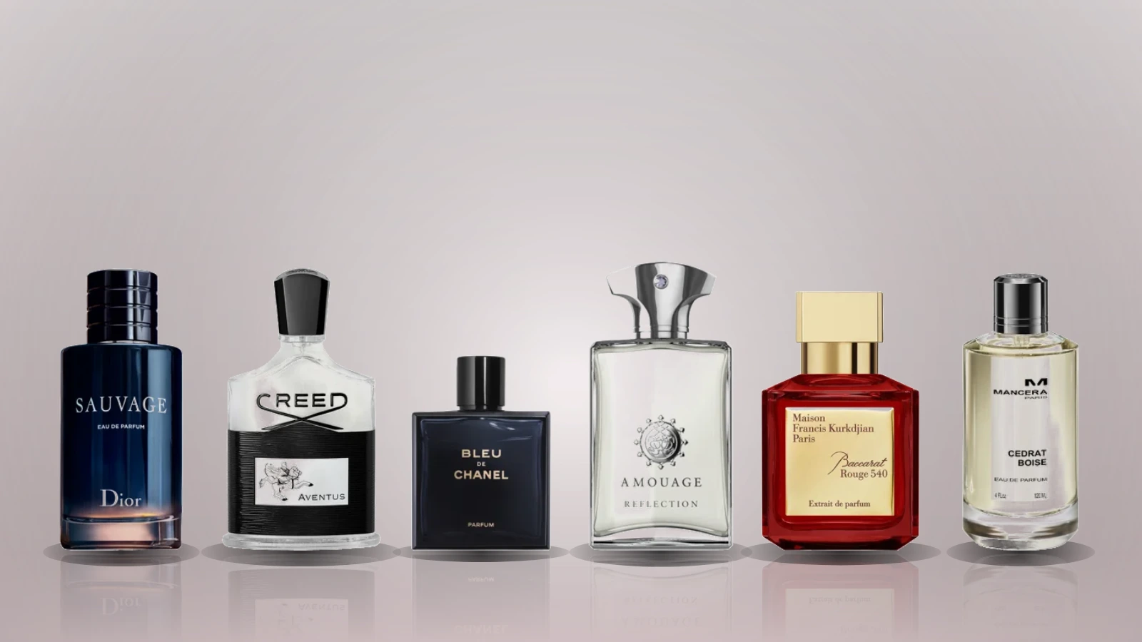 Six branded men's perfume bottles arranged on a stone surface with a dark, textured background