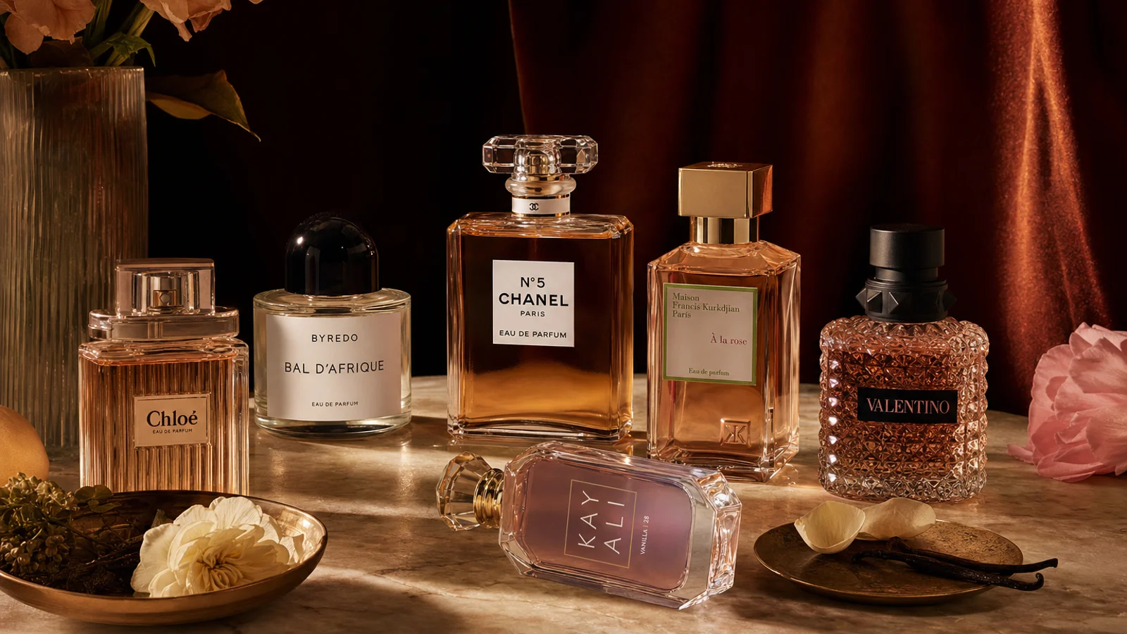 Several perfume bottles arranged on a marble surface with soft natural light highlighting their elegant shapes and labels