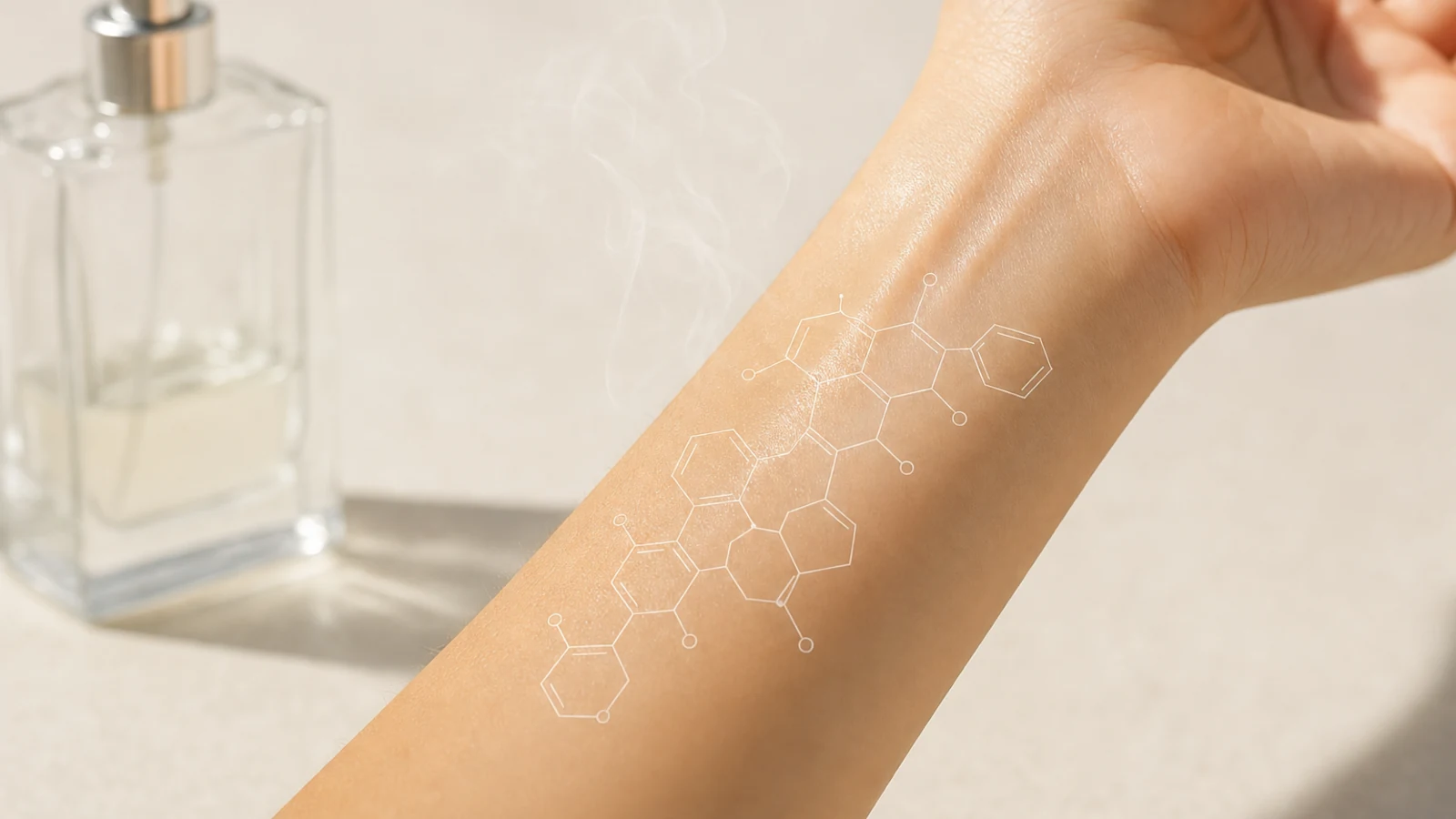 A bare human forearm in warm daylight with a fine white molecular diagram traced across the skin and a faint trail of scent rising from it, beside an unlabelled glass perfume bottle