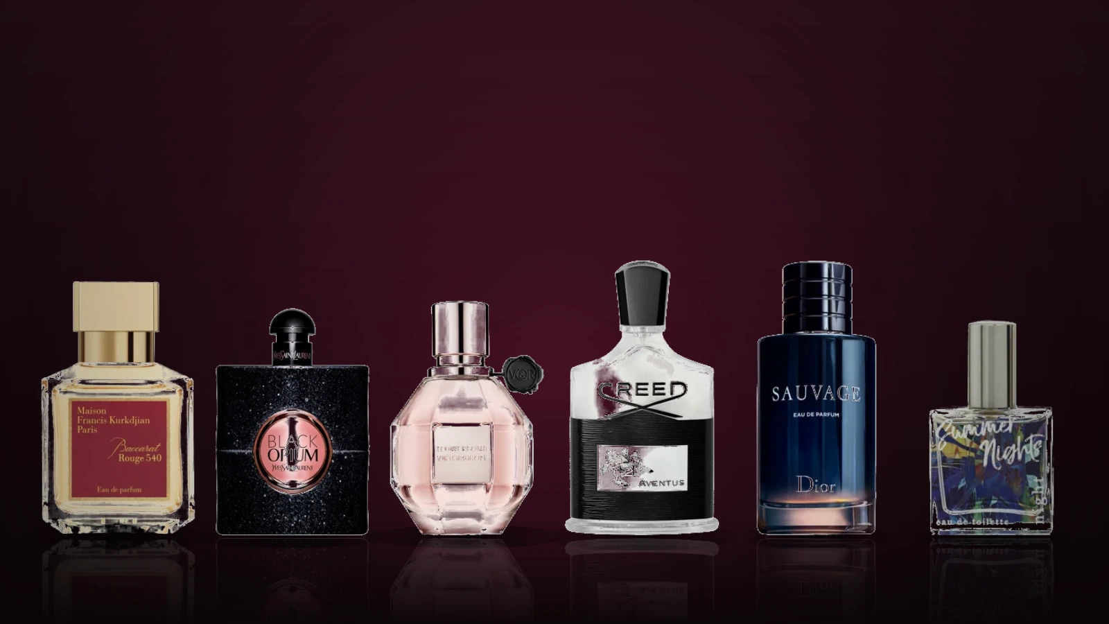 A collection of various perfume bottles arranged on a dark stone surface, surrounded by flowers and fruits, with a rich, textured backdrop