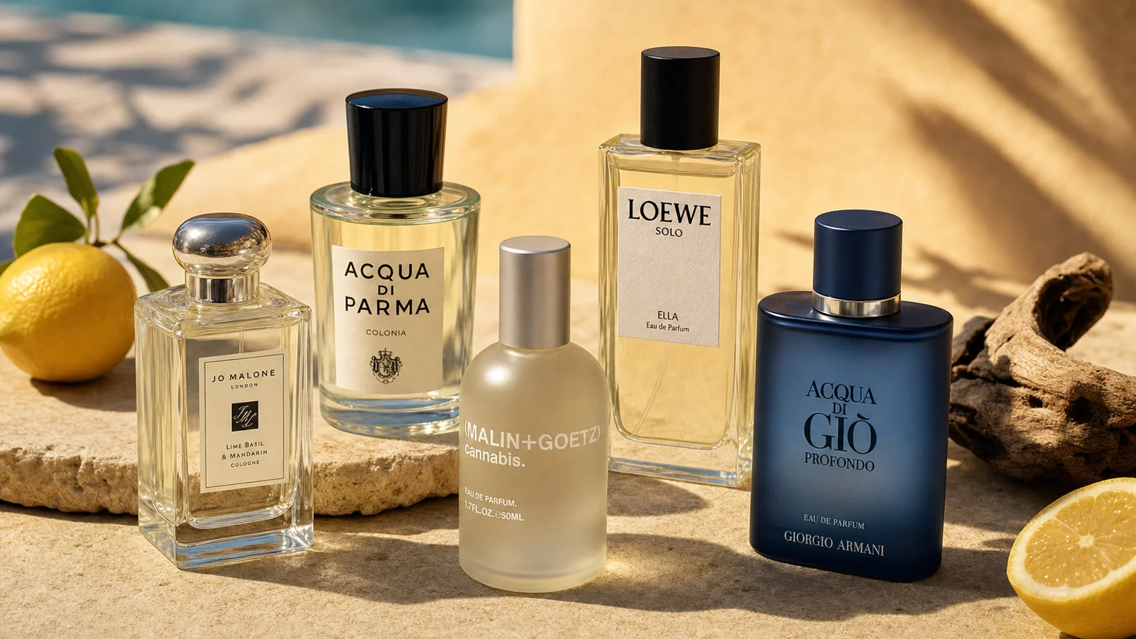 A selection of colorful perfume bottles arranged on a sunlit white surface with soft shadows and a summery background