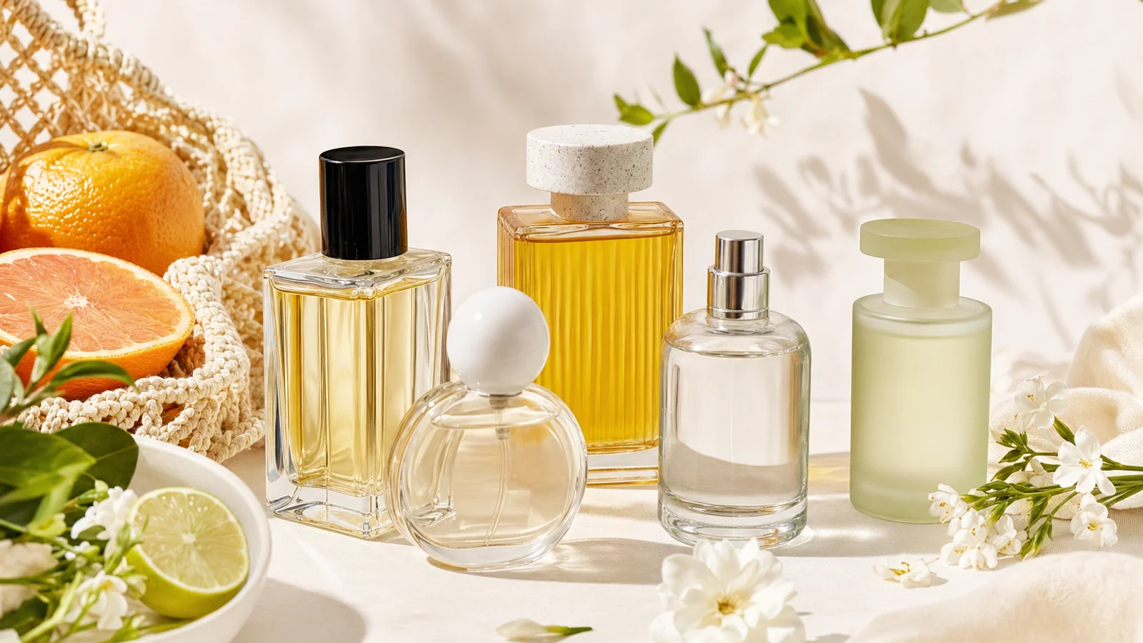 A selection of colorful perfume bottles arranged on a sunlit white surface with soft shadows and green leaves in the background