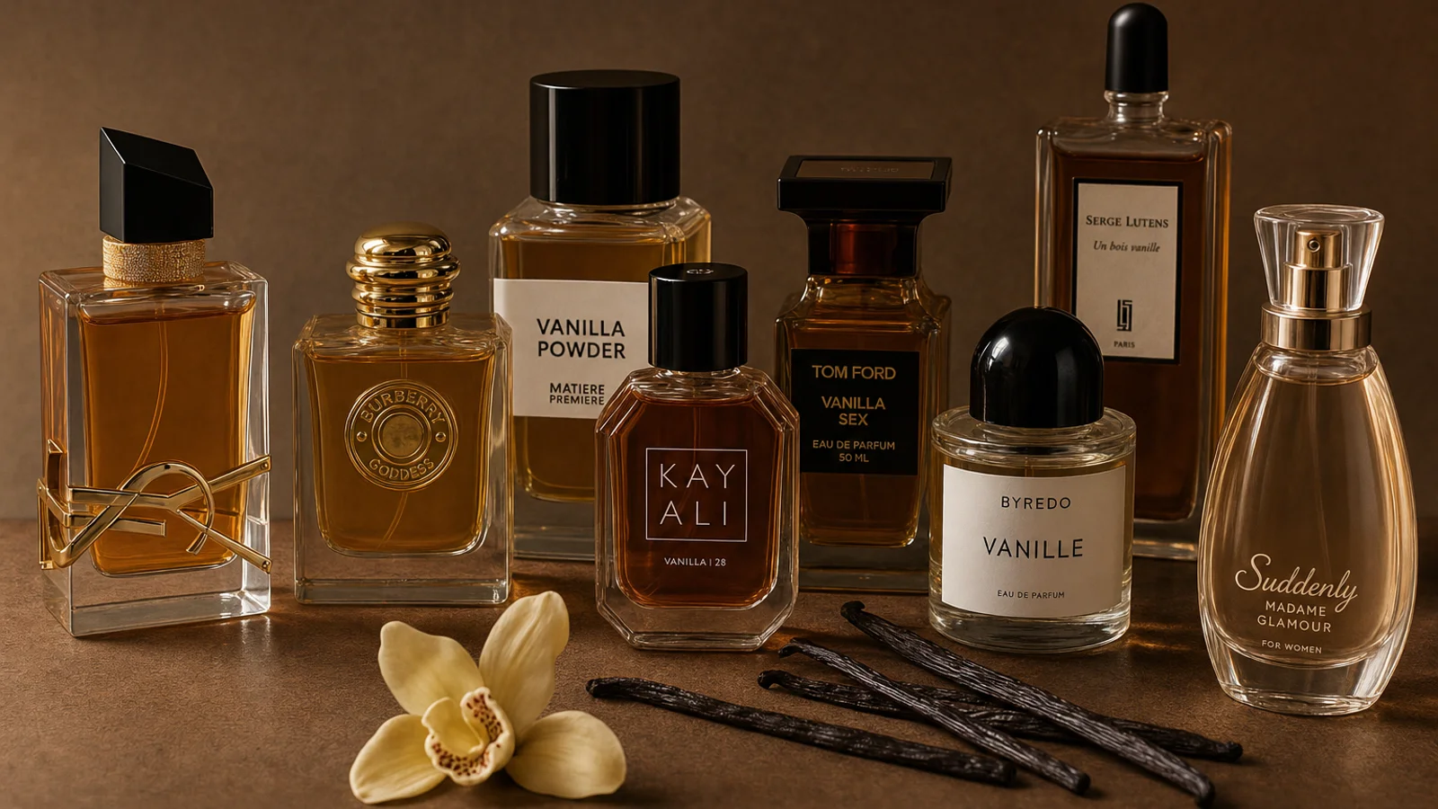 A selection of twelve perfume bottles arranged on a white surface with soft natural lighting highlighting their varied shapes and labels