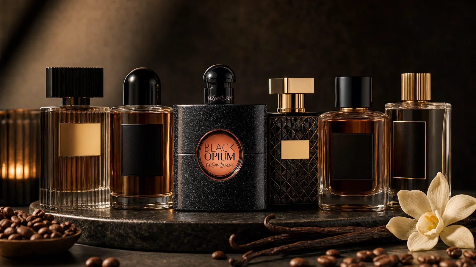 Several bottles of perfume arranged on a marble surface with soft natural lighting, featuring both designer and generic labels