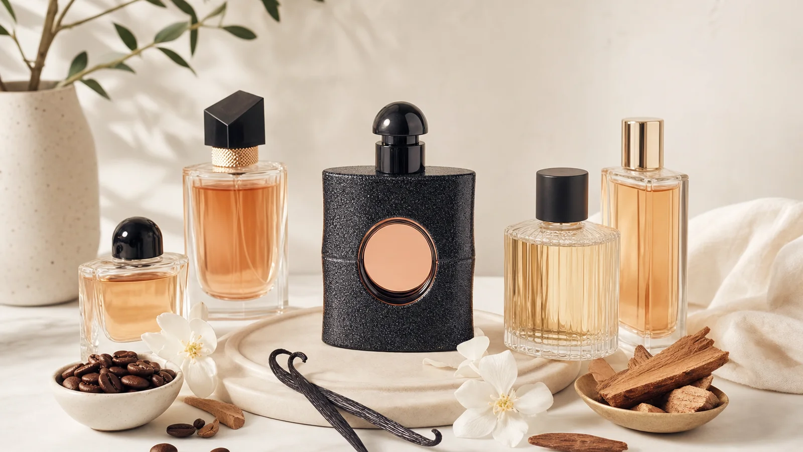 Several perfume bottles arranged on a marble surface with soft lighting, featuring both designer and dupe fragrances in various shapes and colors