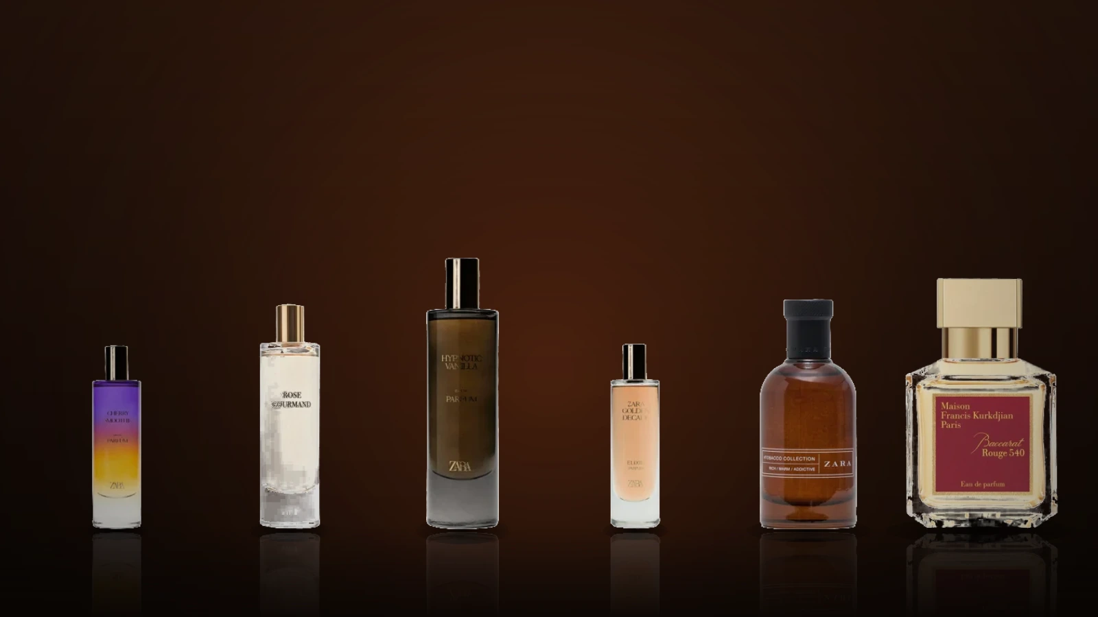 Five Zara perfume bottles are displayed on marble slabs with cherries and flowers, against a pink draped background