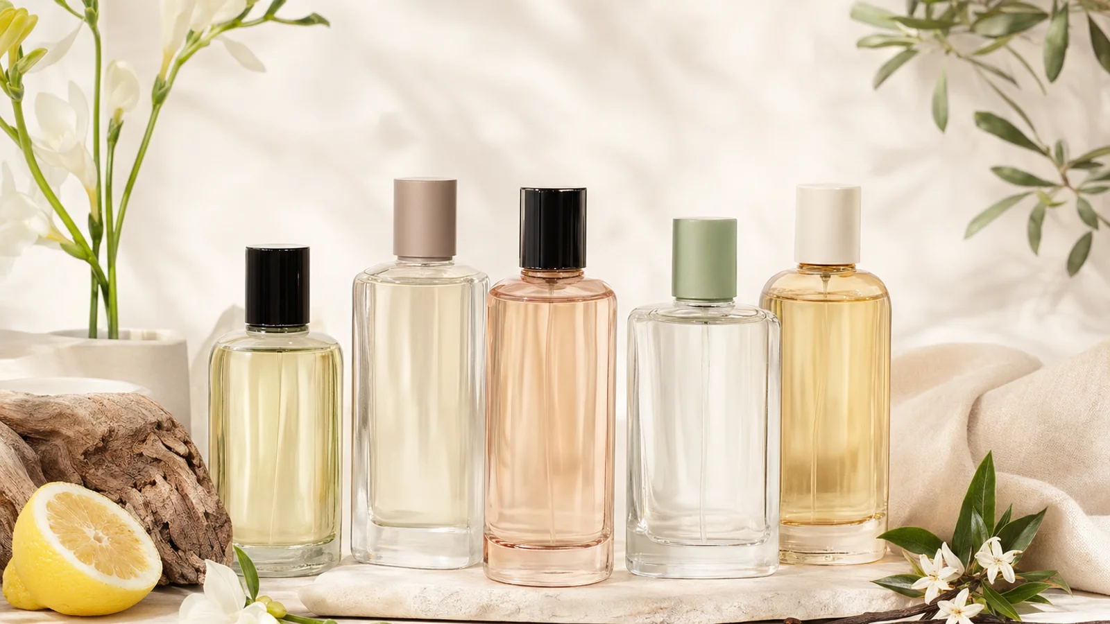 Several Zara perfume bottles arranged neatly on a white surface with soft, natural lighting highlighting their minimalist labels