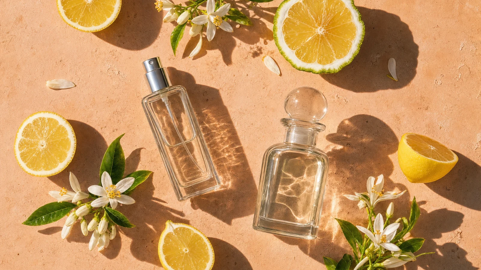 Five fragrance bottles are arranged on a stone surface, featuring a mix of colors and shapes, with soft lighting casting shadows in the background