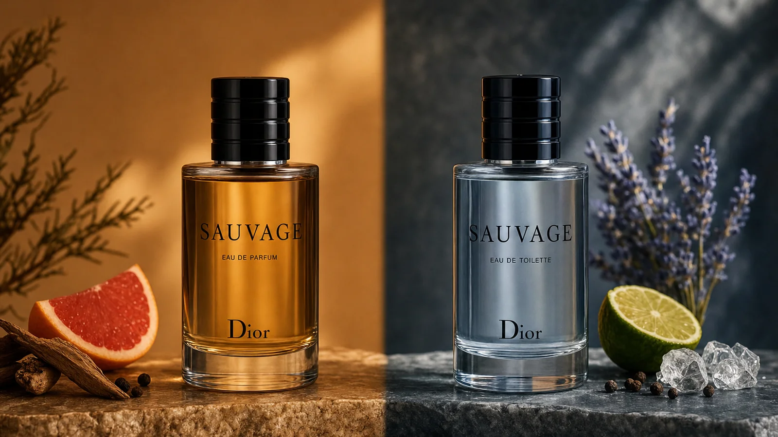 Two perfume bottles labeled Eau de Parfum and Eau de Toilette stand side by side on a white surface with soft natural lighting