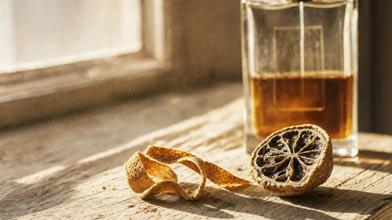 A curl of dried orange peel and a blackened, desiccated bergamot half on weathered wood, beside a half-empty fragrance bottle whose liquid has darkened to deep amber, lit by hard low sunlight through a window