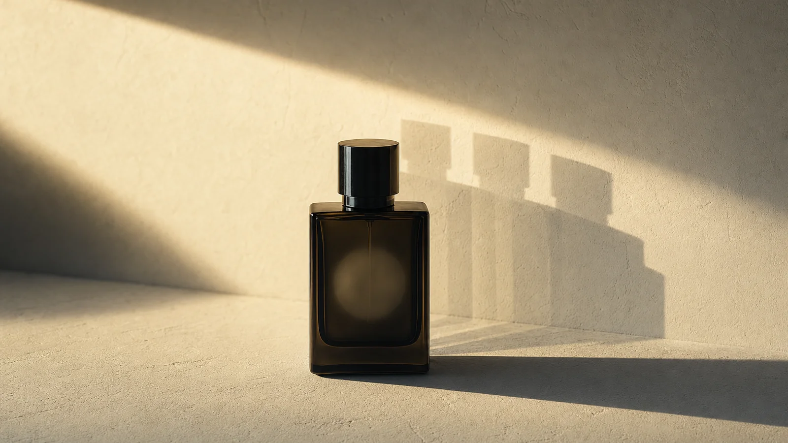 A single dark fragrance bottle on a pale plaster surface, casting one long hard shadow across the frame in low raking sunlight, with fainter overlapping shadows behind it