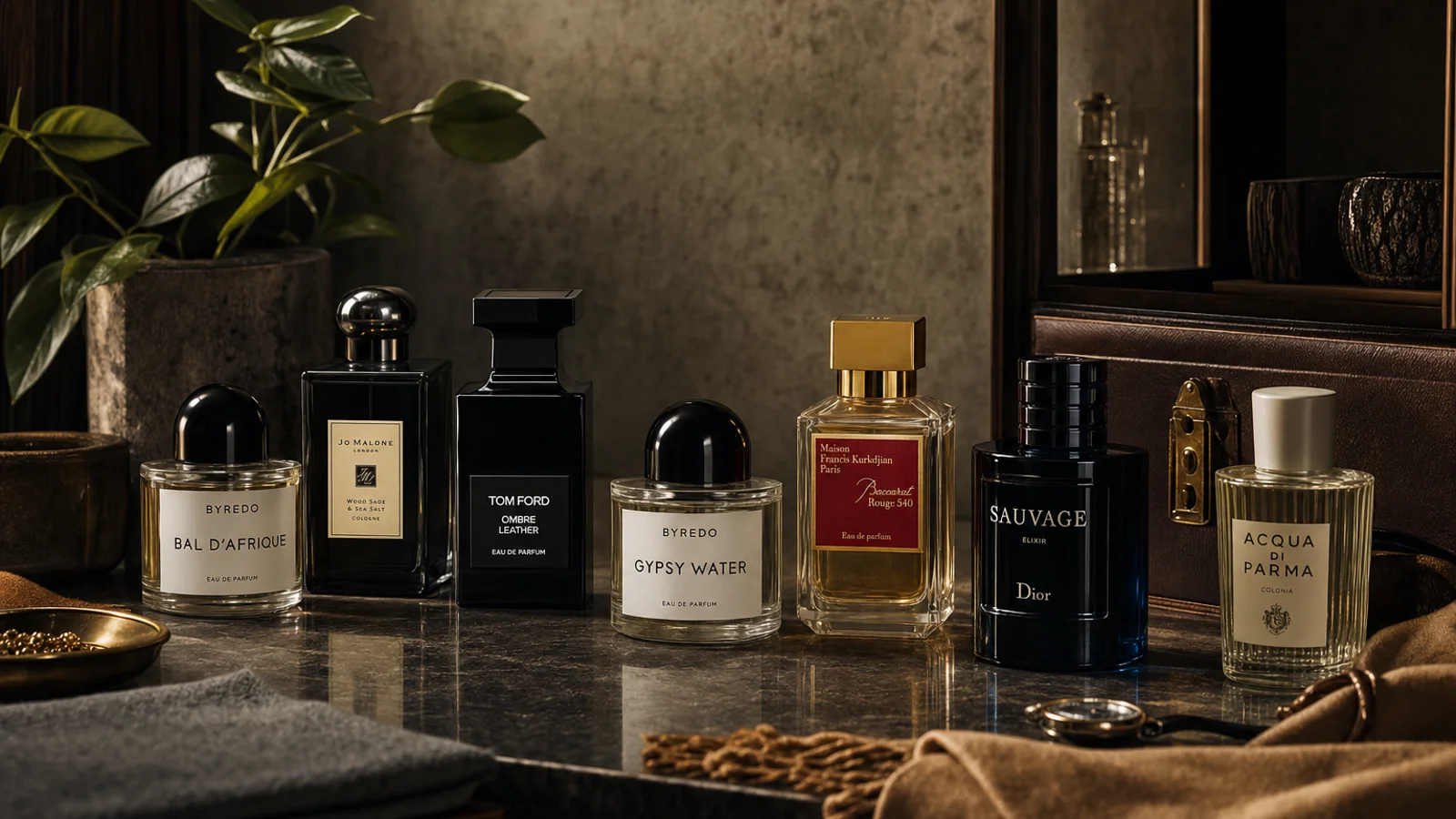 A selection of assorted perfume bottles arranged on a white marble surface with soft natural lighting