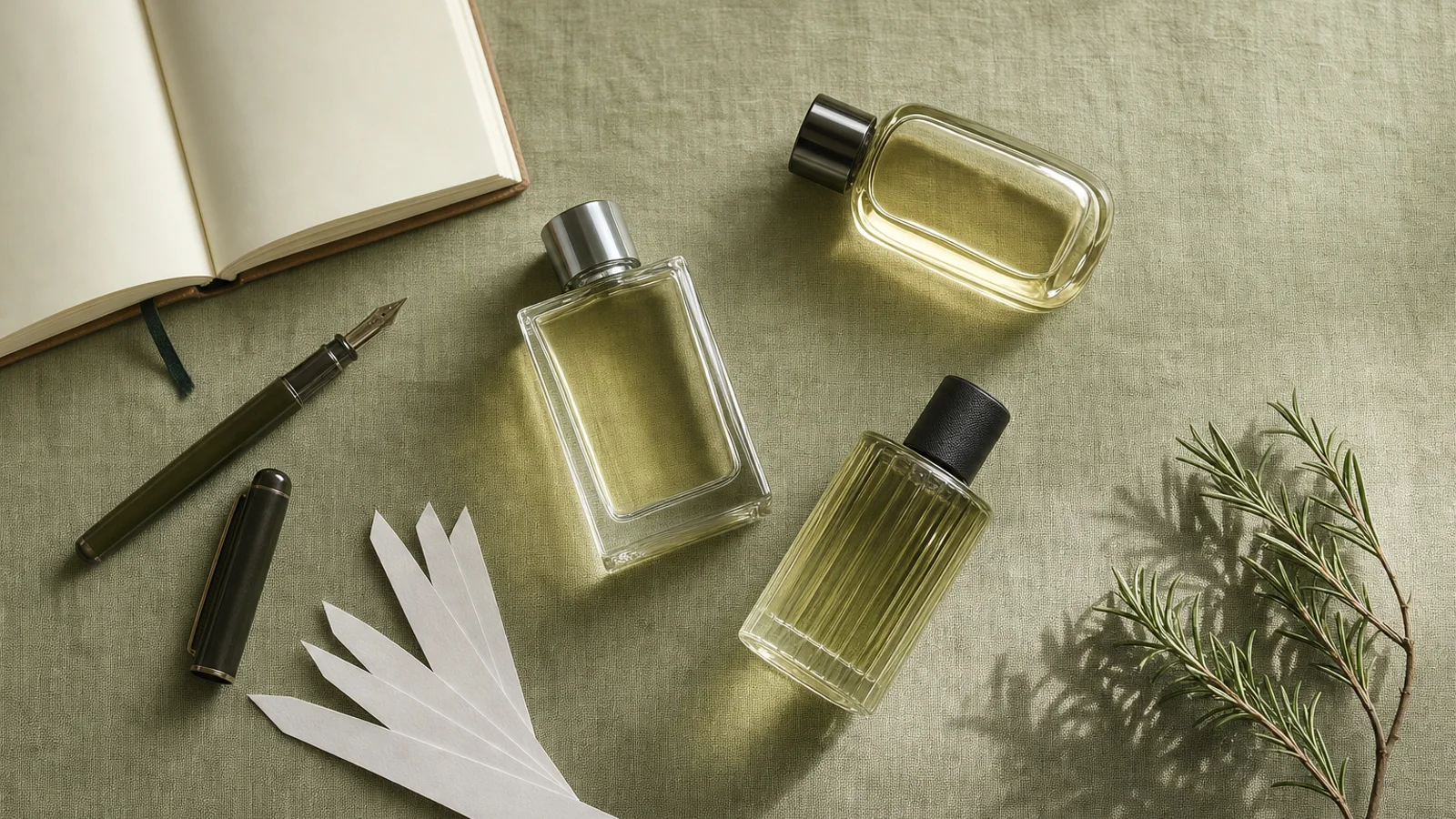 A selection of assorted perfume bottles arranged on a dark marble surface with warm, moody lighting