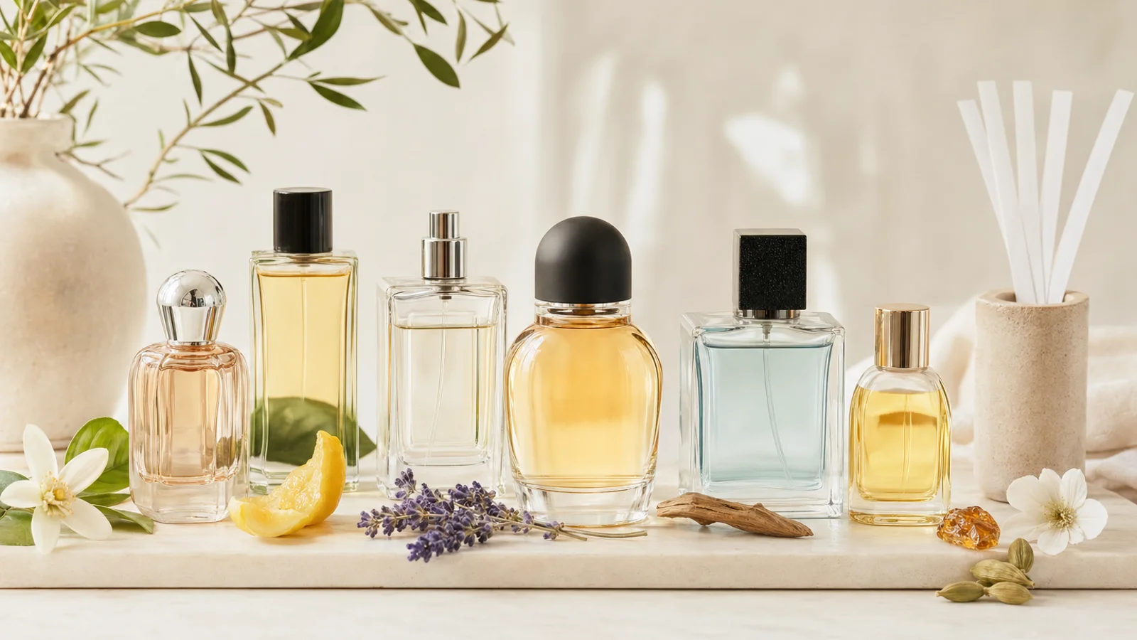 A collection of assorted perfume bottles arranged neatly on a white surface with soft natural lighting