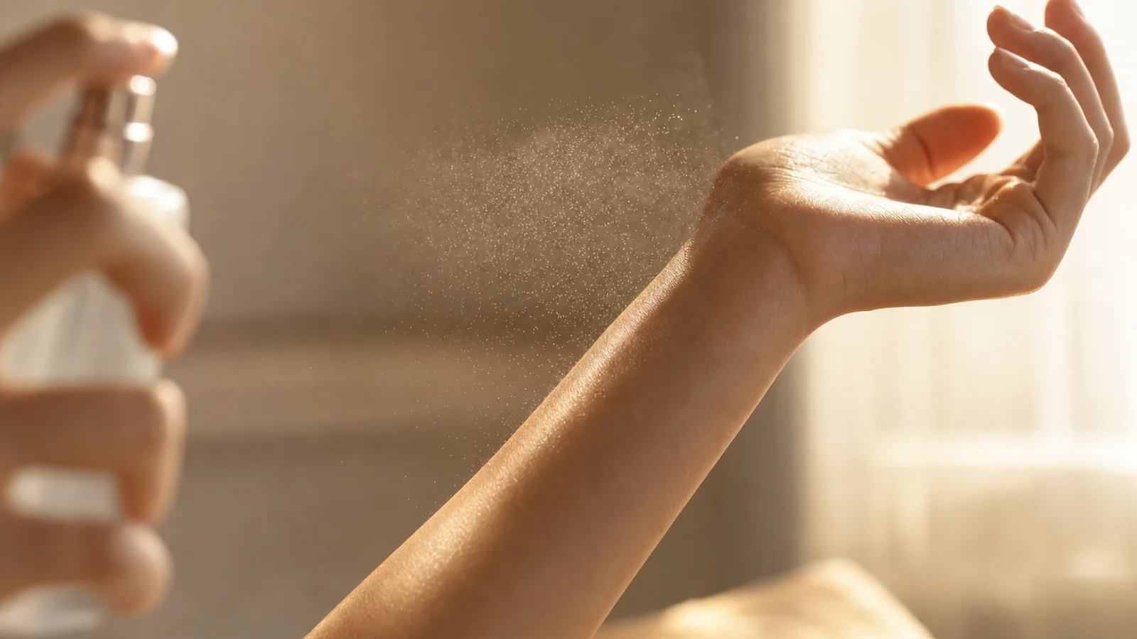 A close view of a forearm and inner wrist just after a spray, with a fine mist of droplets still hanging in the warm window light and an unbranded atomiser held at the edge of the frame