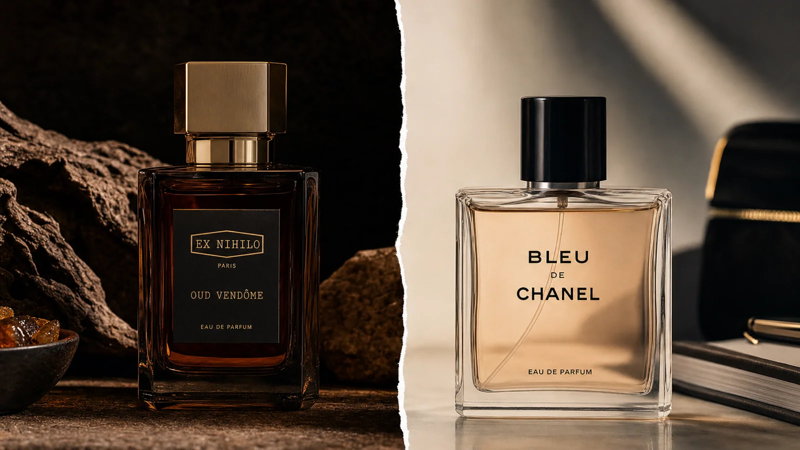 Two perfume bottles, one minimalist and one with a luxury logo, stand side by side on a white background with soft, even lighting
