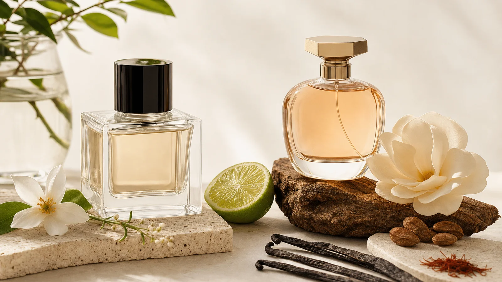 Two perfume bottles, one minimalist and one with a luxury logo, stand side by side on a white surface with soft natural lighting
