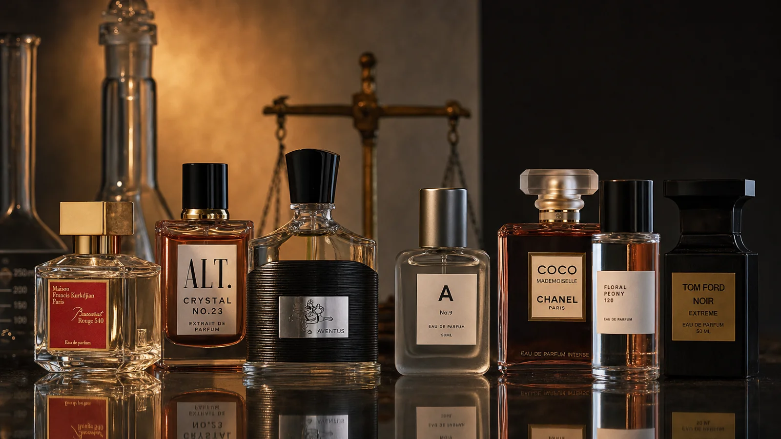 A grid of assorted perfume bottles arranged on a white background with soft, even lighting