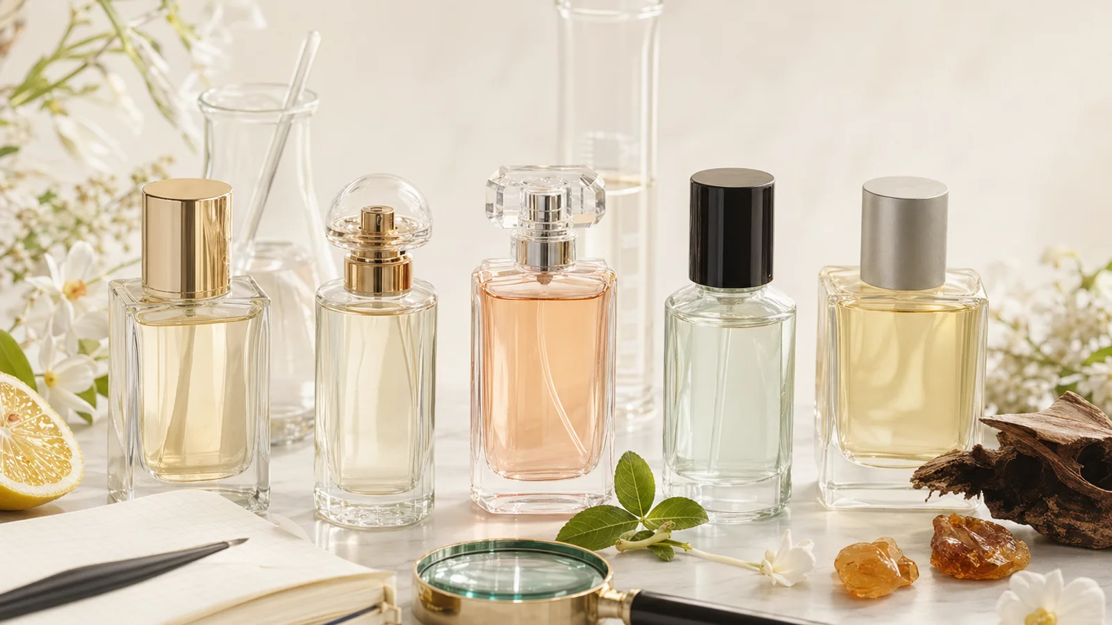 A laptop displaying perfume review data sits on a white desk beside several colorful perfume bottles arranged in a row