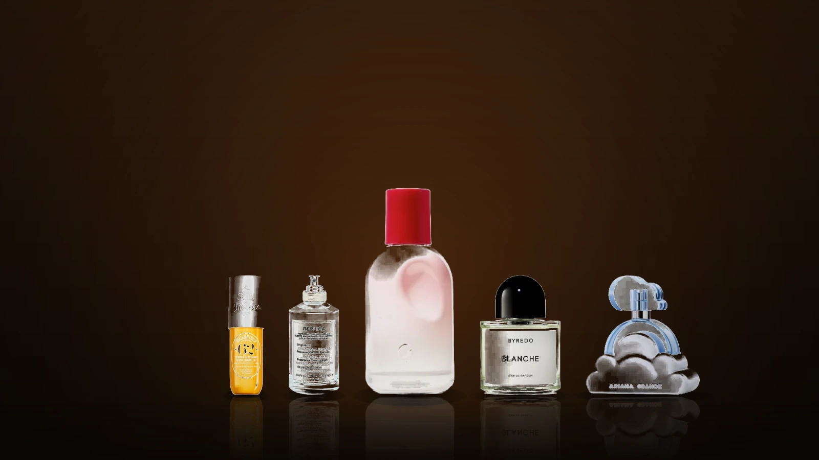 A woman's collarbone and shoulder in warm low light, a faint haze of scent lifting from the skin, with an unlabelled frosted-glass fragrance bottle out of focus behind