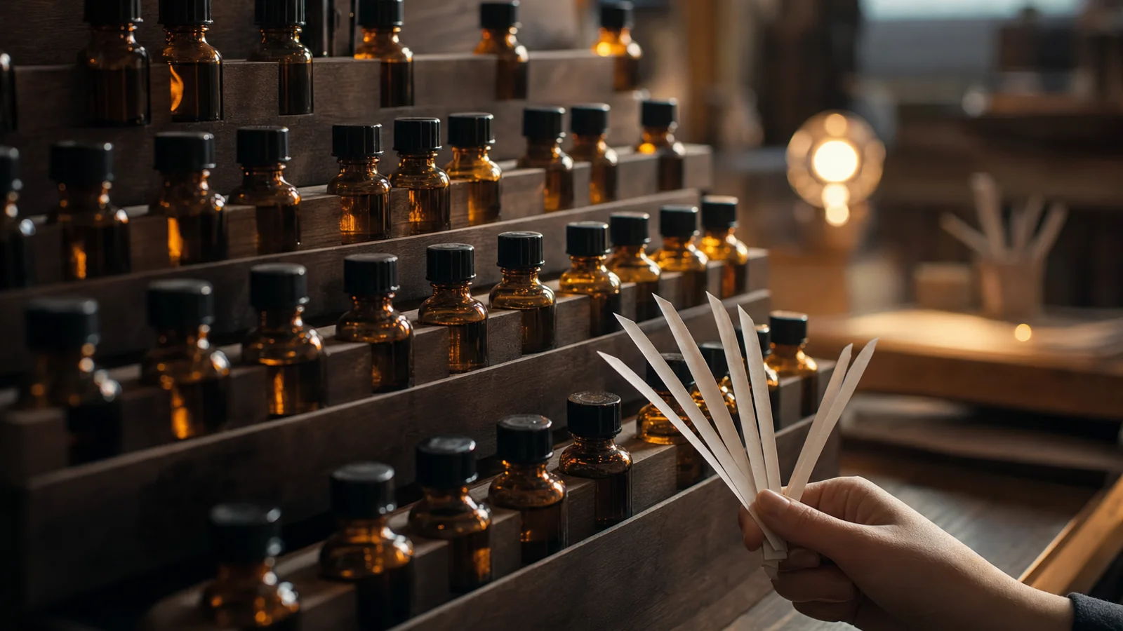 Several perfume bottles are arranged on a stone surface with botanicals, glass beakers, and a halved lemon in a moody setting
