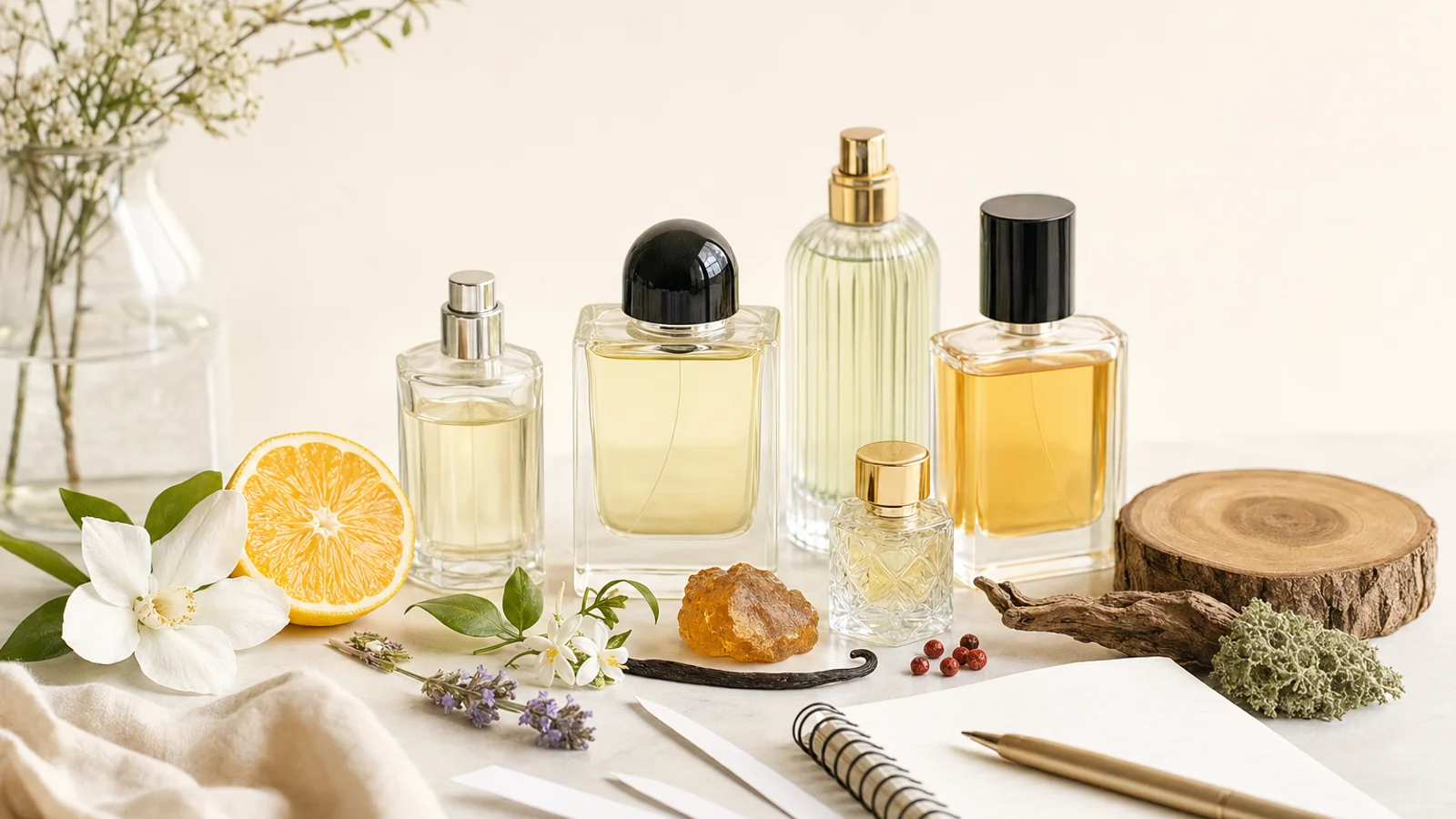 A laptop displaying a colorful fragrance wheel sits on a bright desk beside perfume bottles and a notepad