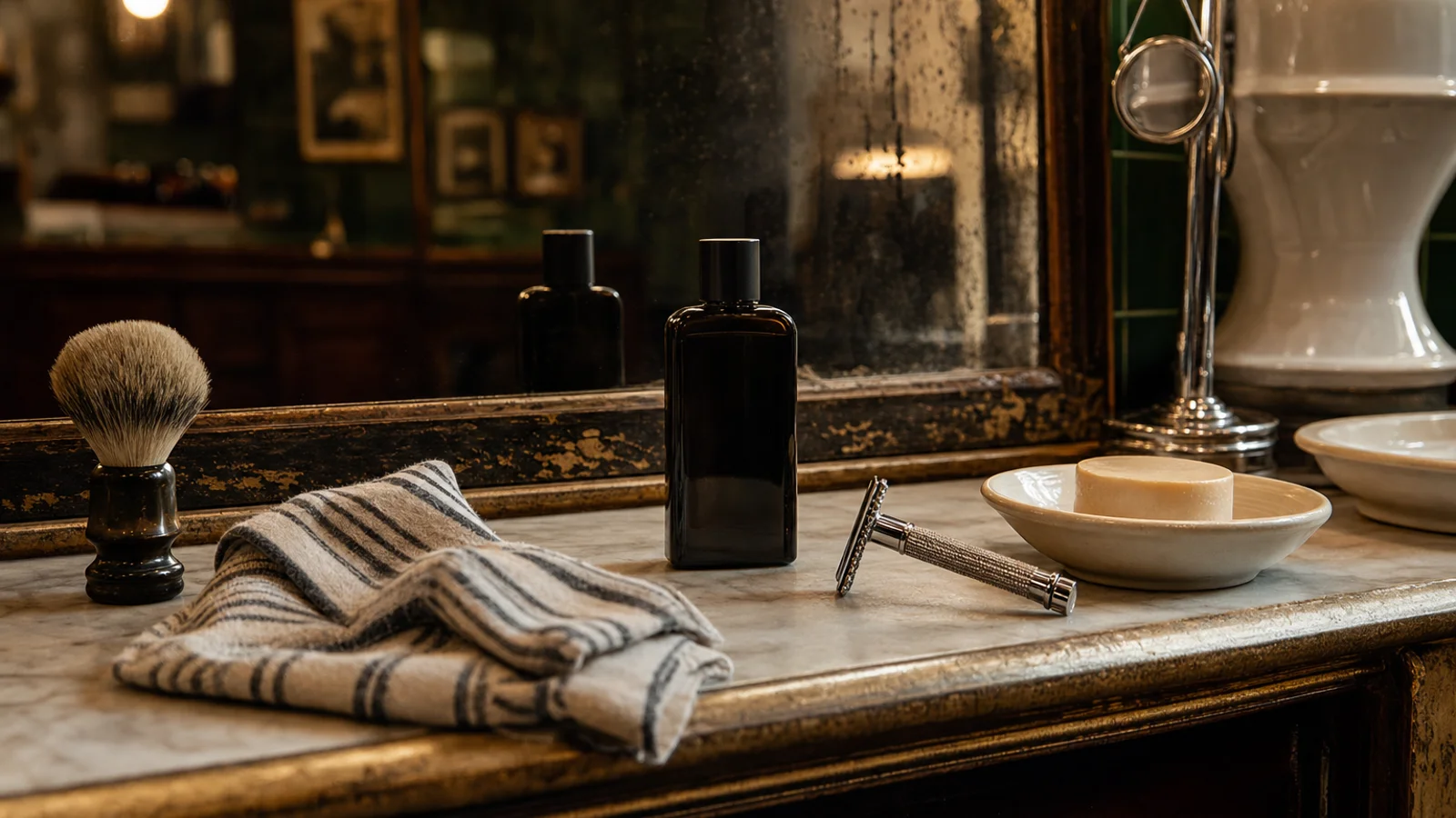 A traditional barbershop counter with a badger shaving brush, a folded striped towel, a safety razor, a dish of soap and a dark unbranded fragrance bottle, reflected in an aged bevelled mirror under warm tungsten light