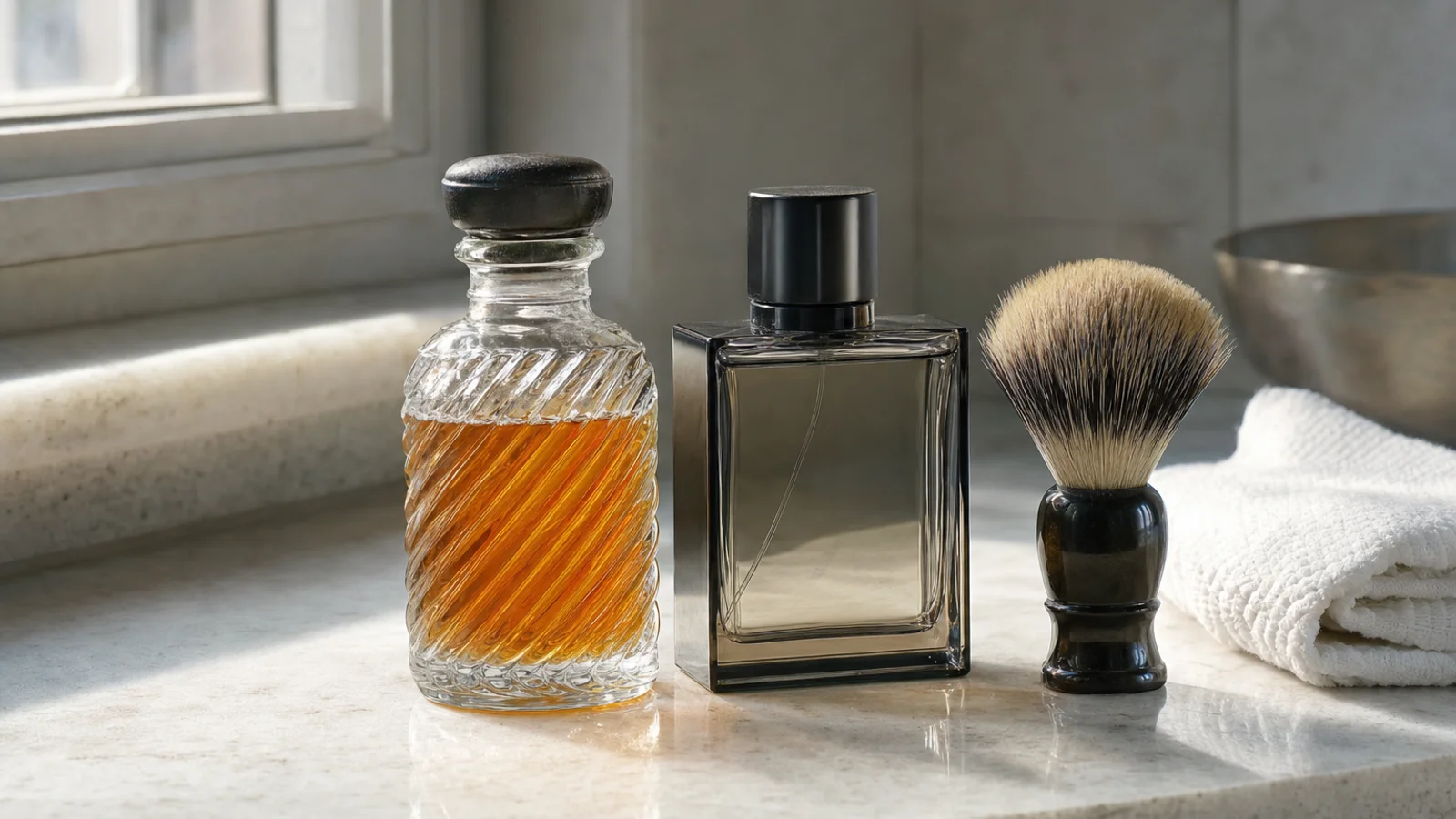 A glass aftershave splash bottle, a shaving brush and a men's fragrance bottle on a bathroom shelf
